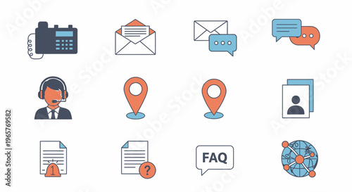 Colorful Outline Icons Set for Customer Service and Communication, in bright studio