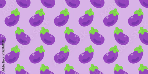 Seamless eggplant pattern with purple aubergines and green leaves on a lilac background. Fresh vegetable repeating texture for textiles, packaging, kitchen prints, stationery and wrapping paper.