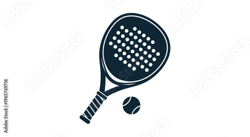 Black Padel Racket and Ball Icon, isolated white background