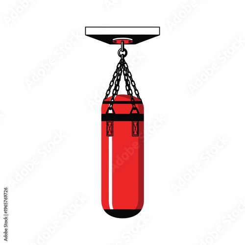 Red punching bag hanging from ceiling mount for boxing training vector illustration