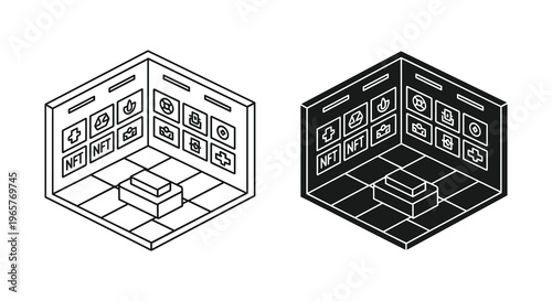 Isometric NFT gallery virtual room vector, digital art exhibition space with crypto icons, metaverse museum interior in line and solid styles