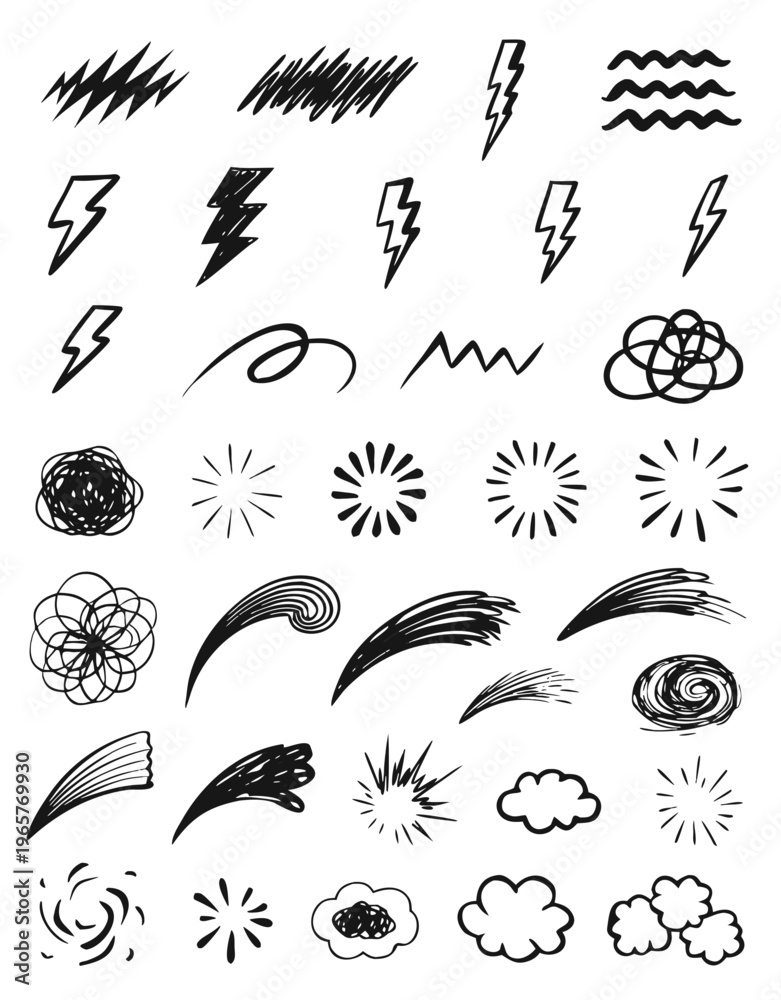 Obraz premium Hand Drawn Doodle Effects Set – Sketch Lines Burst Motion Comic Vector Collection