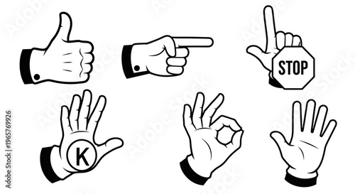 Set of Black Cartoon Hand Gestures Including Thumbs Up, Stop, and OK Sign, Isolated White Background