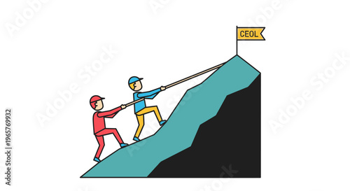 Stick Figures Demonstrating Teamwork by Pulling Each Other Up a Steep Mountain Towards a Flag, Symbolizing Goal Achievement