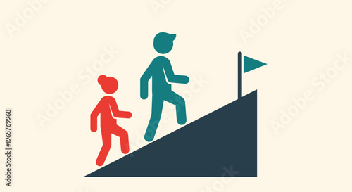 Stick Figures of Man and Woman Climbing Uphill Towards a Goal Flag, Representing Achievement and Progress