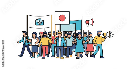 Flat 2D illustration of a diverse crowd protesting for freedom and media rights with signs and a megaphone against a clean white background.