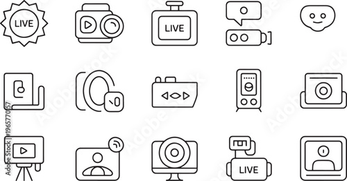 A collection of outline icons representing various video recording devices, streaming indicators, and live broadcasting symbols provides comprehensive multimedia interface elements.