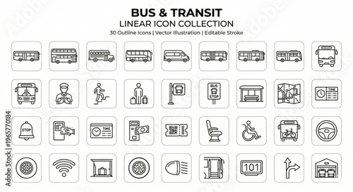 A collection of bus and transit linear icon illustrations. Featuring various bus types and related transportation symbols.