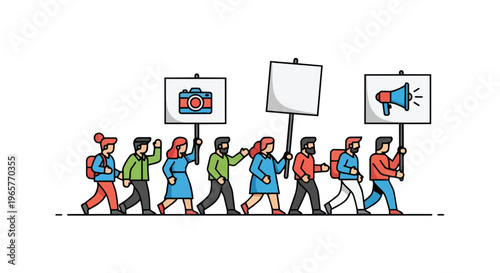 A group of diverse people protest peacefully with signs in a flat 2D style, conveying a sense of freedom and media awareness.