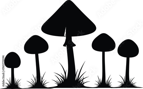 Black silhouette of wild mushrooms growing in grass isolated on white background, forest fungi nature elements for organic design, herbal botany vector illustration.