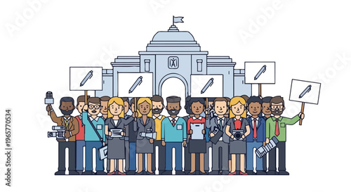 Flat 2D illustration of a diverse crowd of people protesting with signs in front of a government building, conveying a sense of freedom and media coverage.
