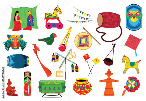 Traditional Bangladeshi cultural icons including ektara, clay pots, hand fan, parrot, and cultural elements . Vibrant folk art elements for Pahela Baishakh and rural heritage designs. Editable EPS. 