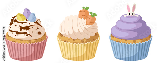 Easter Cupcake Collection with Grated Chocolate, Pastel Mini Eggs, Tiny Carrots, and Cute Bunny Peeking from Frosting Isolated