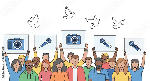 Diverse group of people holding up signs with camera and microphone icons, conveying freedom and media representation in a flat 2D illustration with a protest theme.