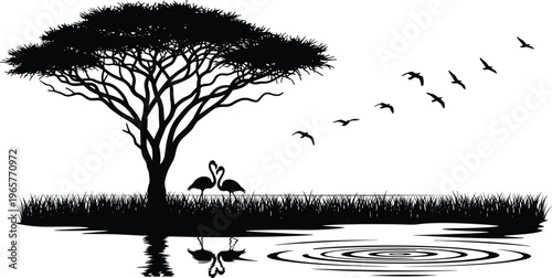 Black silhouette savanna tree with flamingos by water reflection, flying birds, tranquil nature landscape illustration, minimal monochrome design, serene wildlife scene for decorative wall art