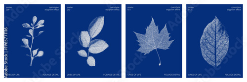 Set of cyanotype stipples effect poster with a nature graphic shape. Vector stipple leaves element in retro print style. Design templates for card, social media, banner, cover