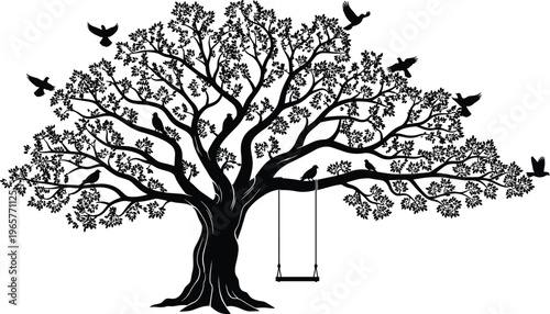 Black silhouette tree with birds and hanging swing, intricate branches illustration, nature design, peaceful landscape, decorative wall art, minimal monochrome graphic for modern interior decor