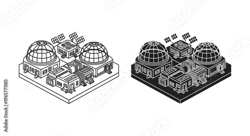 Isometric space colony base vector icons, futuristic lunar habitat station with glass domes and solar panels, sci-fi outpost architecture set