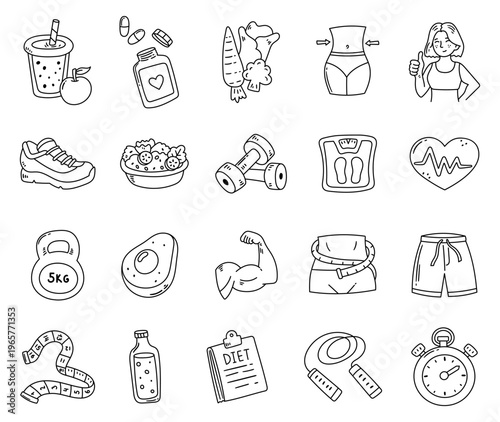 Weight loss set in outline line art featuring healthy lifestyle fitness journey with nutrition workout progress tracking strength balance discipline and wellbeing