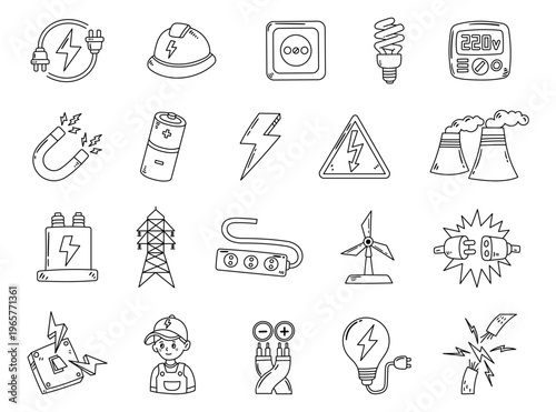 Electricity engineering set in outline line art featuring plug socket bulb battery magnet generator turbine tower panel hazard worker wiring equipment