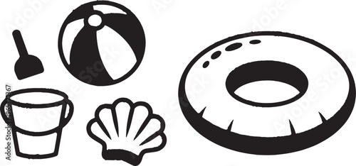 Assortment of black and white beach recreation icons including a beach ball, shovel, bucket, seashell, and inflatable ring are grouped together.