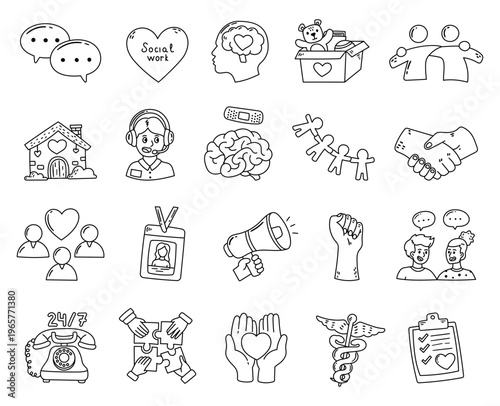 Social work set in outline line art featuring community support mental health care charity communication advocacy healthcare assistance unity partnership hotline