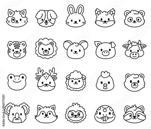Cute kawaii animal face set featuring adorable cartoon characters pets farm reptile amphibian birds for your illustration and creative designs projects