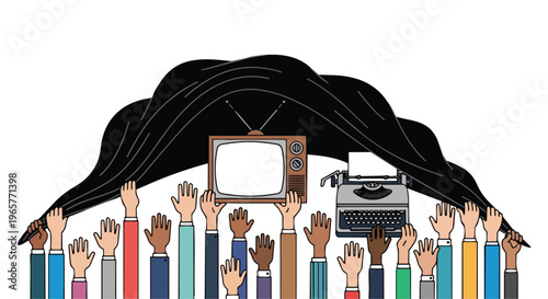 Flat 2D illustration of diverse raised hands holding media devices like a vintage TV and typewriter under a black cloth, symbolizing freedom and protest.