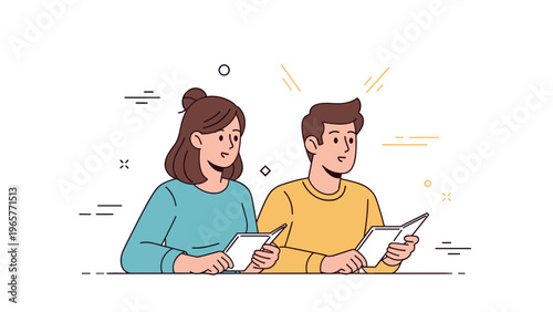 Young caucasian female and male reading together with tablets in a minimalist style