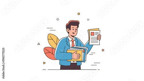 Young caucasian male professional holding documents in autumn office setting