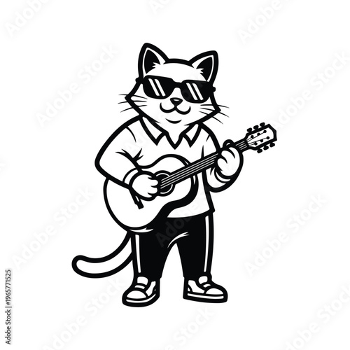 A cool anthropomorphic cat wearing sunglasses and a shirt plays an acoustic guitar, depicted in a simple, graphic illustration style against a white background