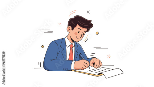 Young caucasian male writing in notebook with focused expression