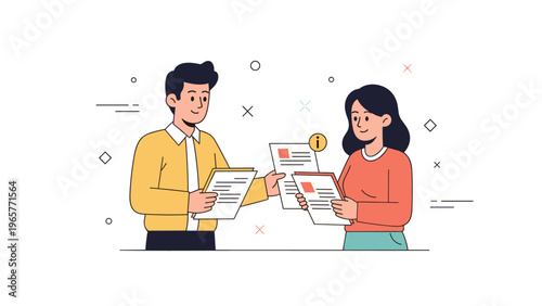 Young asian adults discussing documents in an office setting