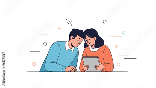 Young caucasian couple smiling and looking at a tablet together