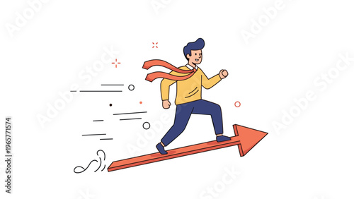 Young male cartoon character riding upward arrow symbolizing success and progress