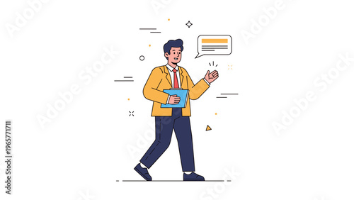 Young caucasian male professional walking with clipboard and speech bubble