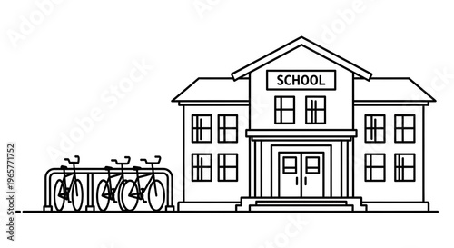 School Building with Bicycles - Education and Transportation.