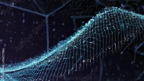 Glowing blue network on a dark background, resembling a wave. Futuristic, abstract design