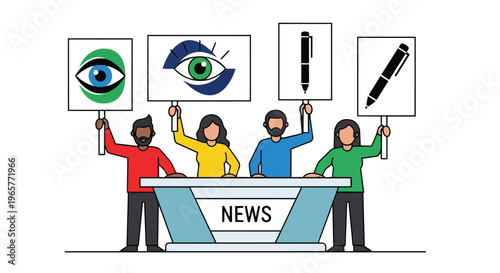 Flat 2D illustration of four people holding protest signs with media and freedom symbols behind a news desk with a white background.