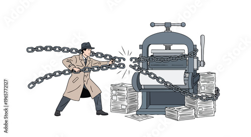 A determined man in a beige coat struggles against heavy chains wrapped around a large industrial printing press with stacks of money nearby, conveying a sense of protest and fighting for freedom in