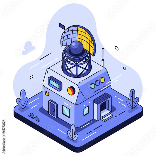 Whimsical cartoon space observatory building with satellite dish. No editable stroke