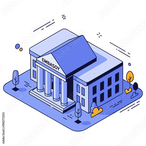 Isometric illustration of a modern embassy building with trees and decorative elements. No editable stroke