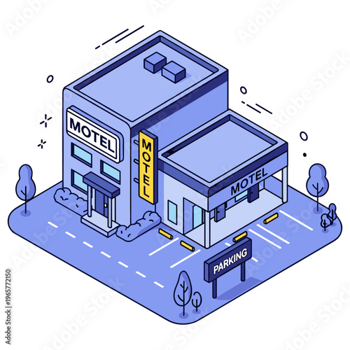 Isometric illustration of a modern motel building with parking area. No editable stroke