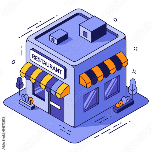 Isometric illustration of a charming restaurant with striped awnings and cozy outdoor plants. No editable stroke
