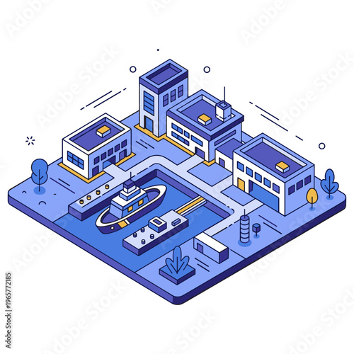 Isometric illustration of a modern harbour city with buildings and a boat dock. No editable stroke