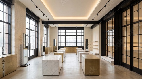 Modern luxury showroom with marble and brass display tables, large industrial windows, white brick walls, and polished concrete floor. Elegant minimalist interior with warm lighting.