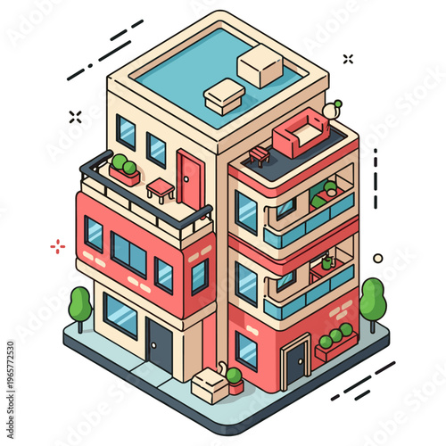 Isometric urban apartment building with rooftop and balconies