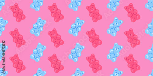 Seamless gummy bears pattern with pink and blue jelly candy shapes on a bright pink background. Sweet repeating confectionery texture for packaging, wrapping paper, textiles, stationery and prints.