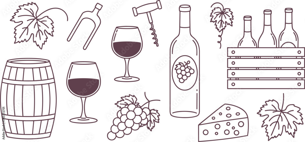 Fototapeta premium Wine making and drinking elements line art barrel bottle