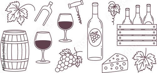 Wine making and drinking elements line art barrel bottle